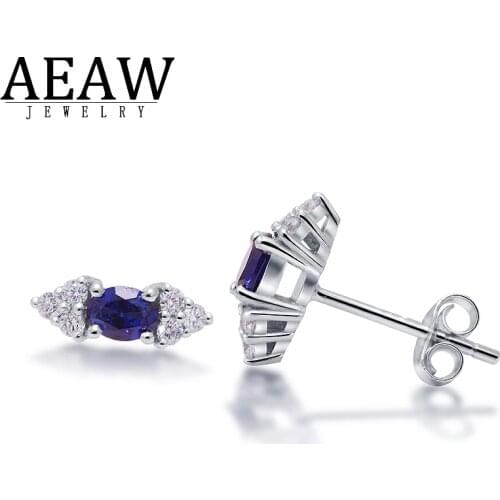 0.2carat Lab Blue Sapphire Moissanite Stud Earring Fine Jewelry side stone moissanite Solid Real 14k White Gold