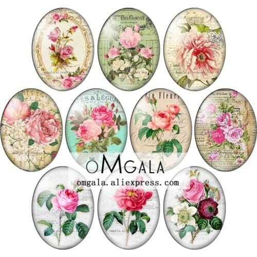 Vintage Retro Rose Flowers Art Paintings 13x18mm/18x25mm/30x40mm Oval photo glass cabochon flat back Making findings