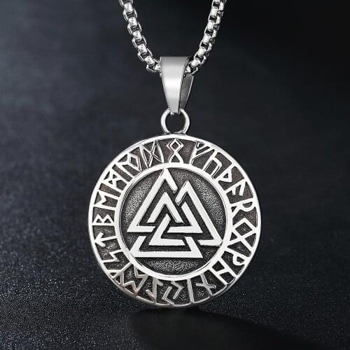 Vintage 316L Stainless Steel Valknut Necklace Pendant Punk Viking Odin Rune Pendant Mens Fashion Hip Hop Hippie Style Jewelry
