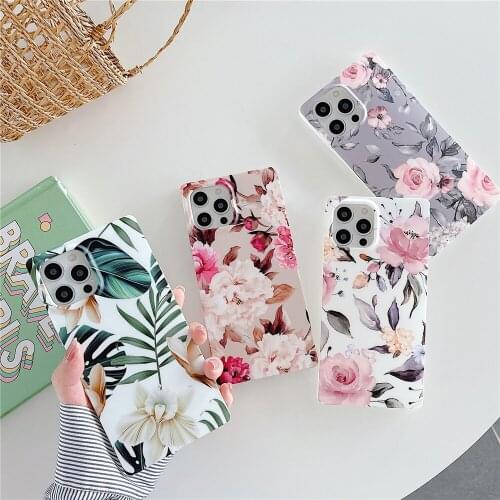 Vintage Flowers Banana Leaf Phone Case For iphone 12 11 Pro XR XS Max 7 8 Plus X SE 2020 Case Soft IMD Back Cover Square Shell
