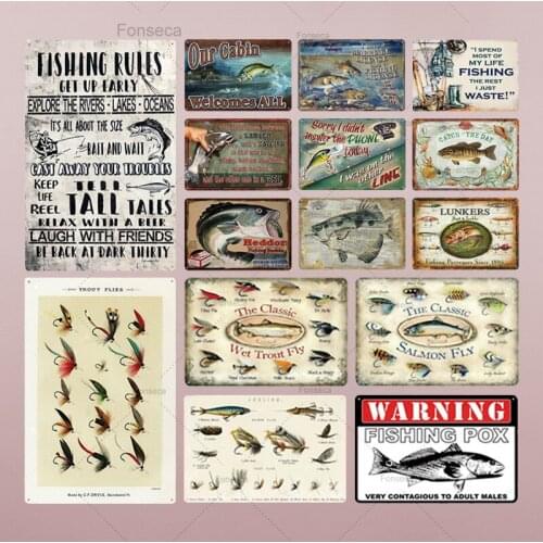 Vintage Fishing Decor Tin Sign Retro Warning Fishing Pox Metal Sign Wall Decoration for Lake House Cabin Metal Plate/Gift