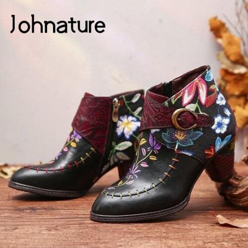 Johnature Women Boots 2020 New Autumn Winter Genuine Leather Women Shoes Round Toe Mixed Colors Flower Zip Handmade Ankle Boots