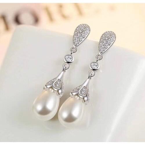 Pearl Earrings 1029 Fine Jewelry Fresh Water White 8-10mm Round Pearl Dangle Earrings for Women Fine Pearl Earrings