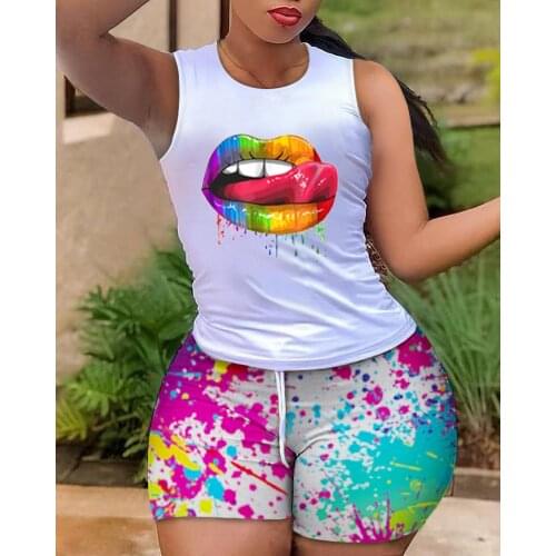 Two Pieces Suit Summer Women Outfit Holiday Lip Print Tank Top & Ink Splash Print Drawstring Shorts Set Womens Clothing 2021
