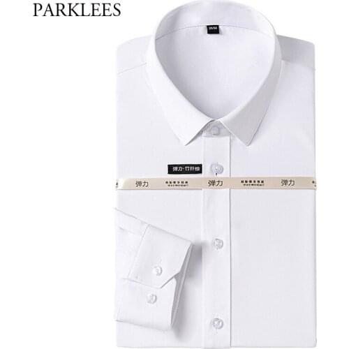 White Bamboo Men Shirts Autumn Long Sleeve Mens Dress Shirts Slim Non Iron Elastic Chemise Homme Casual Breathable Camisas 44
