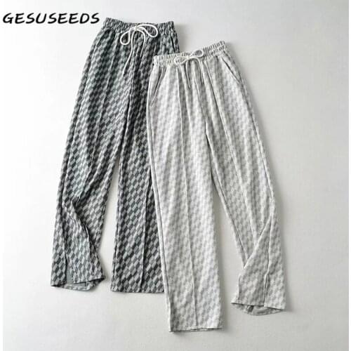 Casual pants women loose wide leg trousers summer korean sweatpants joggers women high waist pants argyle print trousers split
