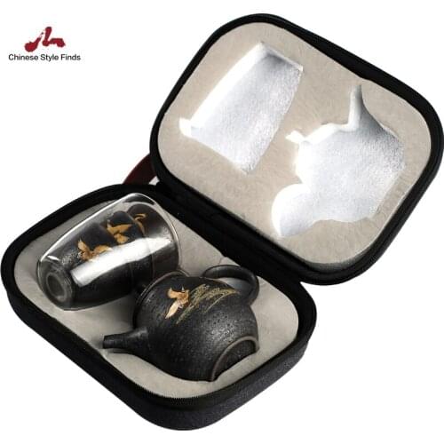Tea Set Black Crockery Ceramic Teapot With 3 Cups Flying Crane Portable Travel Tea Set Drinkware