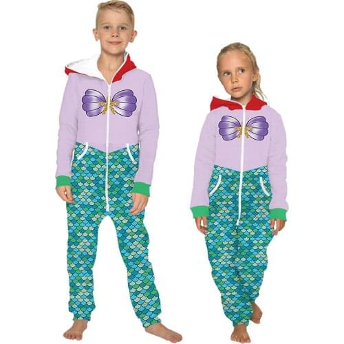 Kid Mermaid Printed Loungewear Pajamas Unisex Loose Hooded Zipper Open Sleepwear Onesies for Girl Thick Jumpsuits