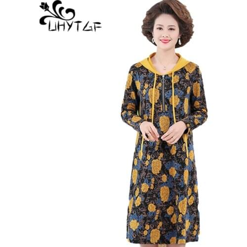 UHYTGF Elegant Mother Spring Autumn Dress Fashion Printing Long-Sleeved Casual Womens Dresses Hooded 5XL Plus Size Clothes 1543