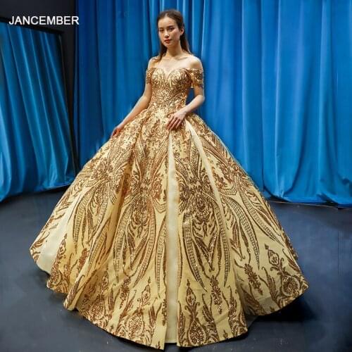 J66709 Jancember Gold Quinceanera Dresses V-neck Off The Shoulder Sequined Lace Up Back Vestidos Elegantes Para свадебний платья