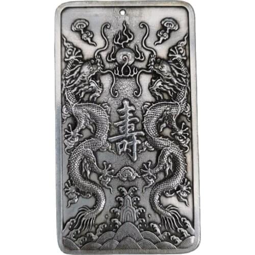China old Tibetan Silver Relief Shuanglong Shou Character Amulet Pendant Feng Shui Lucky Pendant