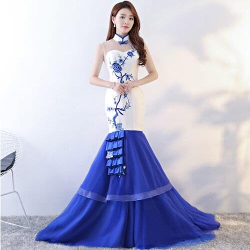 Chinese Style Evening Dress Sleeveless Cheongsam Blue White Traditional Women Oriental Wedding Gowns Qipao Embroidery Cheongsams