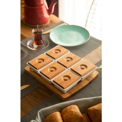 Creative Wood Snack Breakfast Serving Platter Tray Ceramic Bowl with Wood Lid Set of 13 Kitchenware Picnic Snack Serving Platter