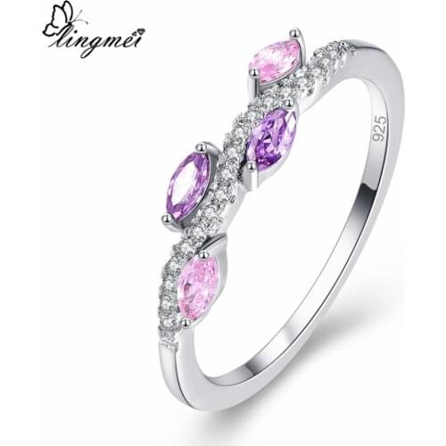 Lingmei New Fashion Marquise PinkPurpleGoldChampagneWhite CZ Silver ColorRing Size 6-9 Women Jewelry Wholesale