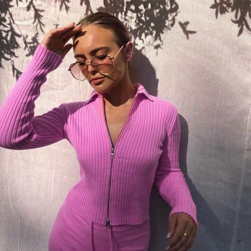 Fashion Autumn Woman Cropped Sweaters Zipper Knitted Cardigan Long Sleeve Turn Down Y2K Clothes kawaii sweater pink green red