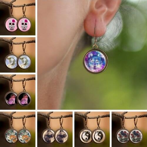 New Fashion Lovely Animals Pattern Dangle Earrings Glass Cabochon Earrings Creative Handmade Accessories for Women Girls