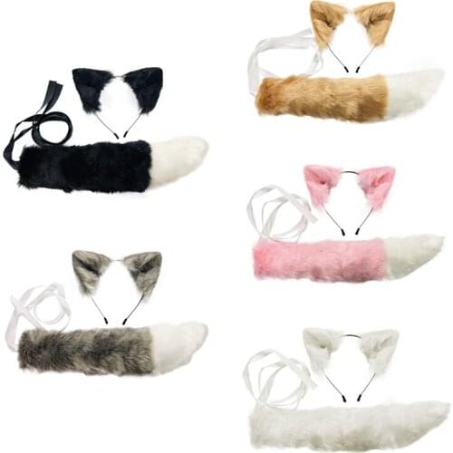 Adult Kids Simulation Plush Wolf Cat Ears Headband Bandana with Furry Long Tail Set Anime Cosplay Costume Props Accessories