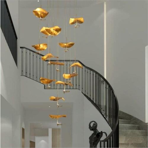 Luxury creative all copper lotus leaf lamps living room lights American retro staircase lights luxury villa restaurant art chand