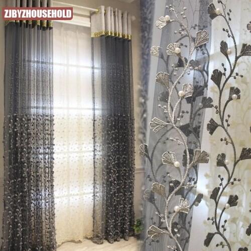 Light Luxury Curtains for Living Dining Room Bedroom Modern Embossed Floating Embroidered Beaded Gauze Curtain Balcony Curtains