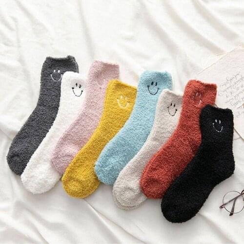 Christmas Socks Embroidery Smile Fuzzy Socks Women Fluffy Socks Sleep Funny Socks Floor Socks Coral Velvet Winter Socks