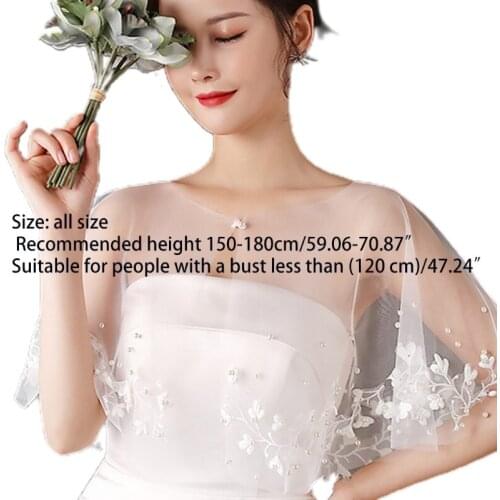 X7YC Floral Applique Shawl Wrap Shrug Pearls Lace Bridal Cape Wedding Buckle Bolero