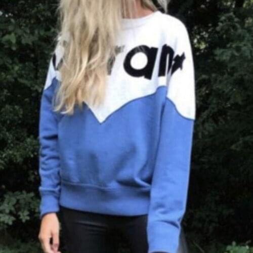 Womens Color Patchwork Sweatshirts Autumn Winter Stitching Letter Printing Flocked Long Sleeve O-neck Loose Pull New