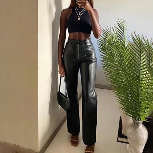 Women Faux Leather Pants High Waist PantsPockets Office Ladies Slim Fit Pu Leather Trousers