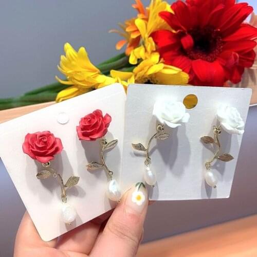 Baroque Pearl Rose Flower Earrings For Women 2020 New Jewelry Creative White Red Pendientes Wholesale Gifts