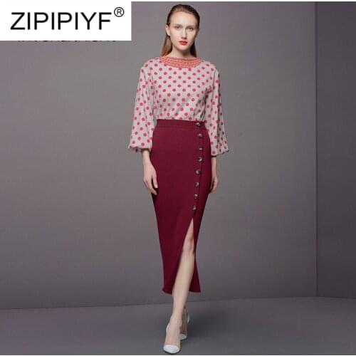 2019 Hot Selling Women Sets Lady Chiffon Dot Blouse High Waist Split Dress Female Bodycon Elegant Two Pieces Dresses Suits K677