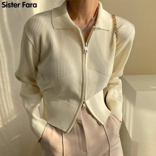 Sister Fara New Autumn Womans Turn-down Collar Sweater Coat Double Zipper Loose Long Sleeve Winter Ladies Knit Cardigan Sweater