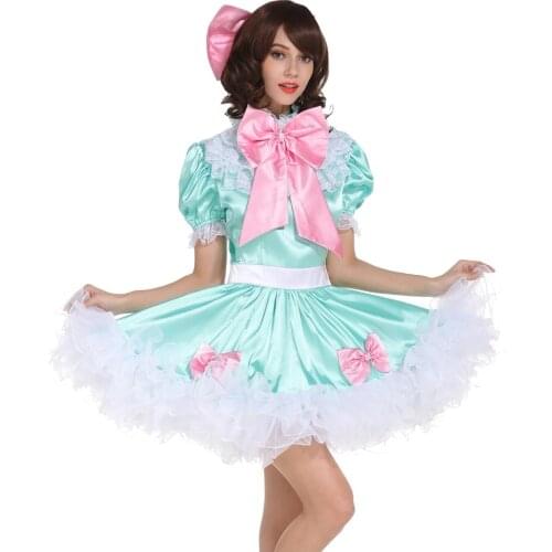 Sissy Girl Lockable Maid Bow Dress Satin Puffy Crossdress Transgender Cosplay Costume