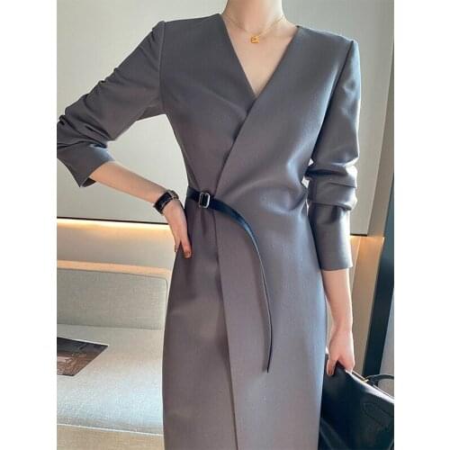 French Style Retro Solid Suit Dress 2021 New Autumn V neck Long Sleeve Commute Hepburn Women Dresses Gray And Black Long Dress