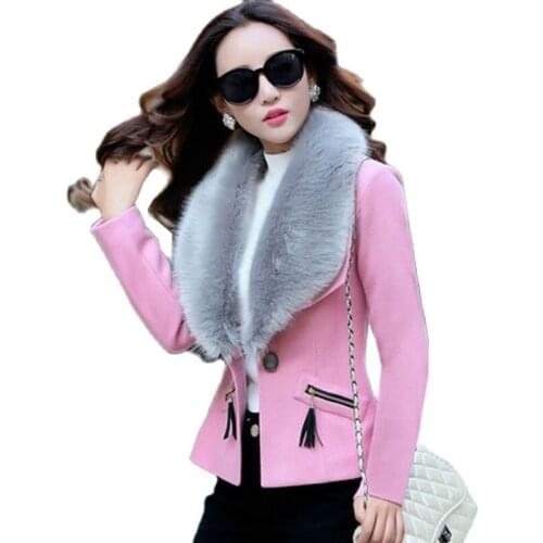 2021Women Woolen Coat Jacket Female Autumn Winter Wool Overcoat Short Slim Woolen Jacket Ladies Fashion Big Fur Collar Coats B