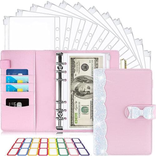 14 Pieces A6 PU Leather 6-Ring Money Saving Binder Cash Envelopes for Budgeting, with Binder Zipper Pockets,Self-adhesive Labels