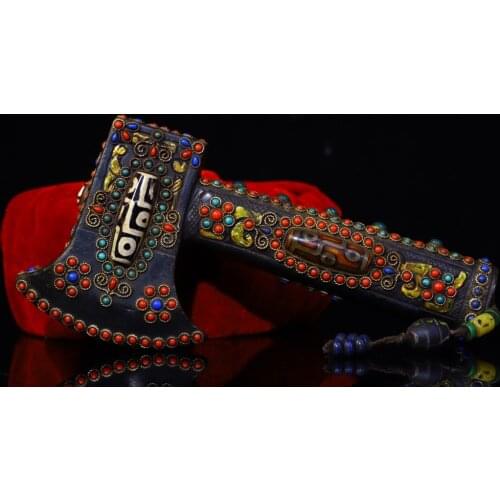 8"Tibet Temple Collection Old Natural meteorite Filigree mosaic Gem Dzi Bead Mountain axe Pendant amulet Town House Exorcism