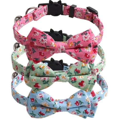 Bow Tie Cat Collars Breakaway with Bell Flower Floral Pattern Adjustable Cute Kitten Collars Safety Buckle for Kitty Cats Puppy