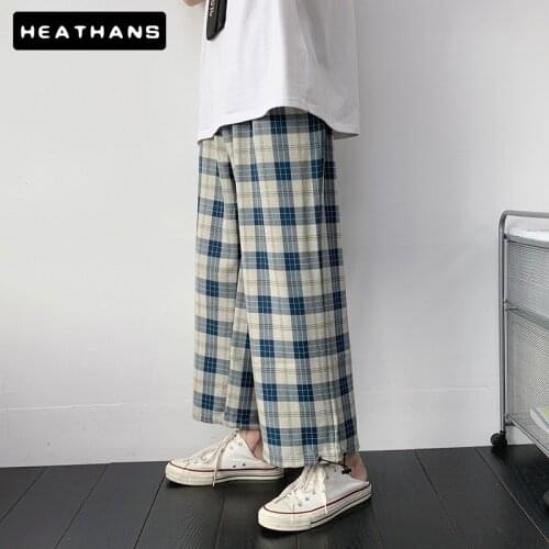Plaid Pants Mens Summer Loose Straight Pants Mens Japanese Vintage Casual Elastic Waist Trousers For Male Mid Waist Baggy Pants