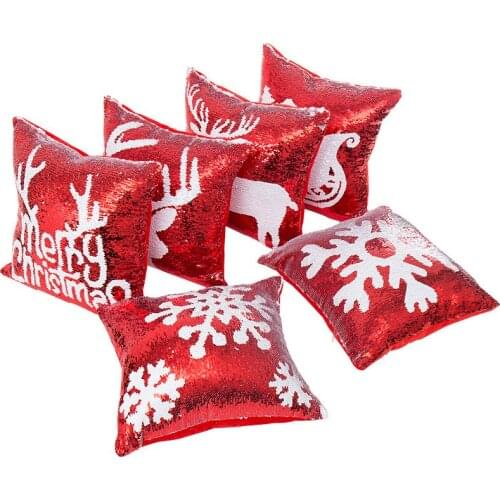 Sequins Red Merry Christmas Cushion Cover Snowflake Deer Pattern Pillow Case Throw Pillow Cover for Sofa Home Decoration 40*40cm
