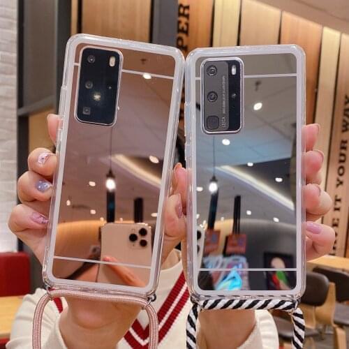 Fashion Makeup Mirror Phone Case for Huawei Honor X10 9X V20 V30 30 Pro 30S 9A Necklace Cord Chain Hanging Rope Crossbody Cover