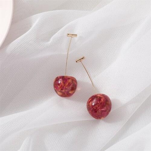 Korean Version of Cute Japanese Cherries Petal Shape Cherry Long Pendant Earrings Fashion Personality Dried Flowers Women Cherry