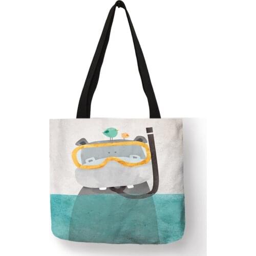 Eco Linen Tote Bag With Creative Cartoon Hippo Print Womens Fashion Handbags Reusable Shopping Totes School Shoulder Bags