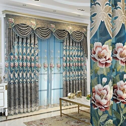 European Style Curtains for Living Dining Room Bedroom Light Luxury Chenille Embroidered Curtain Valance Curtains Tulle Curtains