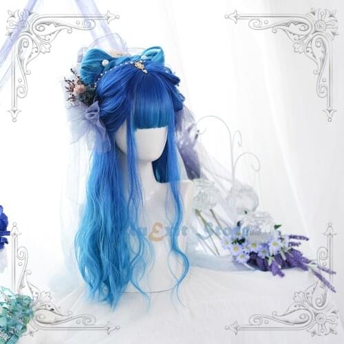 Gradual Blue Lolita Wig Harajuku Fairy Cosplay Bangs Body Wave Long Curly Ocean Navy Wig Sweet Fringe Adult Girls Synthetic Hair