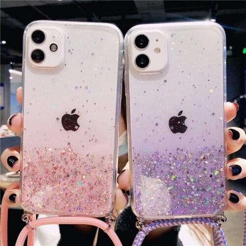 Gradient glitter Crossbody Necklace strap Lanyard silicone phone case for iphone 11 Pro Max 12 Pro MiNi X XR XS 7 8 plus cover