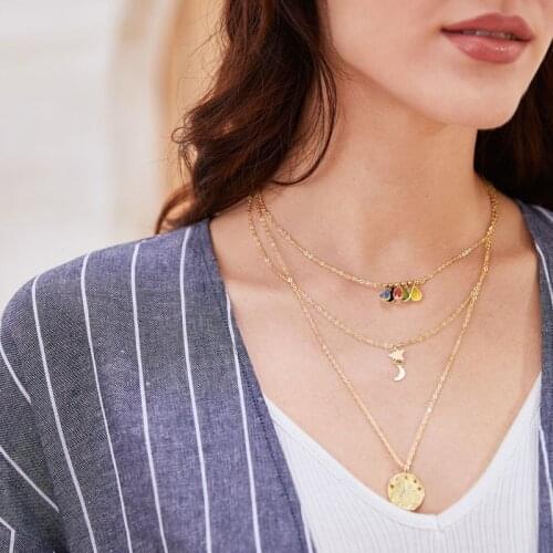 HuaTang Boho Colorful Crystal Gold Sun Pendant Necklace for Women Multilayer Star Moon Charming Necklaces Female Party Jewelry