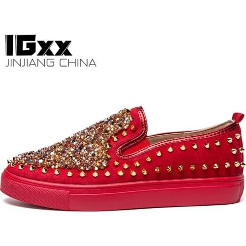 IGxx Men Shoes Elastic Rivet Punk Metal Spikes Shoes Mens Clubs Loafers Leather Motorcycle Shoes Casual Zapatillas De Deporte