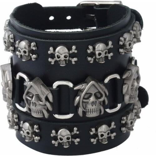 Jessingshow Punk Skull Men Wide Bracelet Genuine Leather Gothic Cool Rock Bracelets & Bangles Alloy Accessories Jewelry Gift