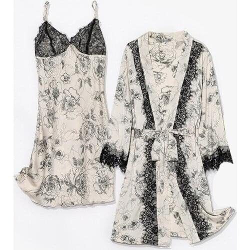 Print Satin Robe Gown Sets Strap Nightwear Women Lace Sleepdress Sexy Home Clothes V-Neck Loungewear Sleepwear Bathrobe Suit