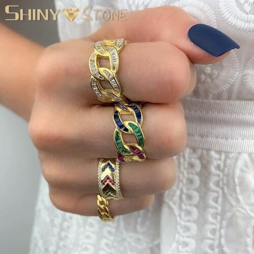 Trendy Colorful Sparking CZ Zircon Hollow Rings Men Punk Hip-hop Finger Jewelry Geometrical Twisty Rainbow Party Rings
