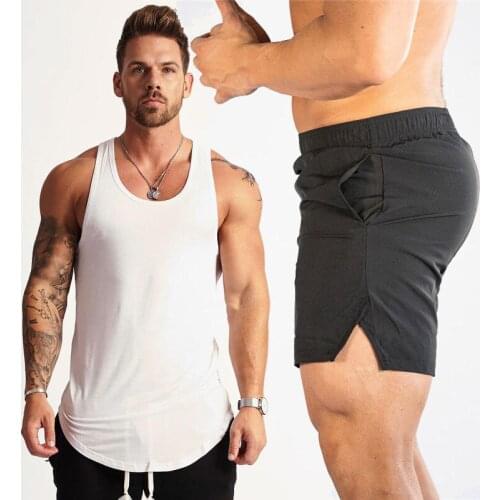 Brand Gym Clothing Bodybuilding Tracksuit Men 2 Pieces Sets Fitness Sporting Suit Cotton Tank Top + Polyester Joggers Shorts Man